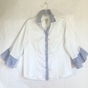Chico's Caroline No-Iron Cotton Sateen Stripe Bell Sleeve Fitted Shirt Sz 1/US 8